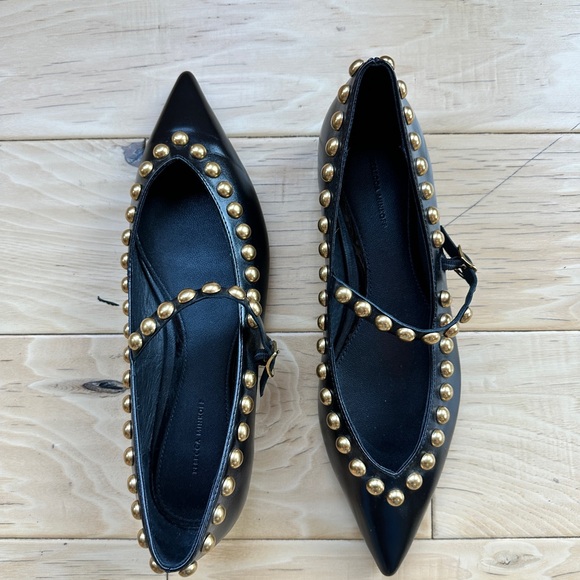 Rebecca Minkoff Milan Black and Gold Studded Mary Jane Pointed Toe Flats - Picture 3 of 12